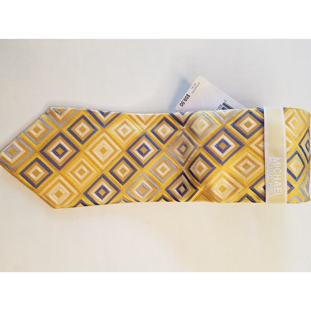 Michael Kors Neck Tie NWT Gold and Blue Squares in a Diagonal Stripe Pattern